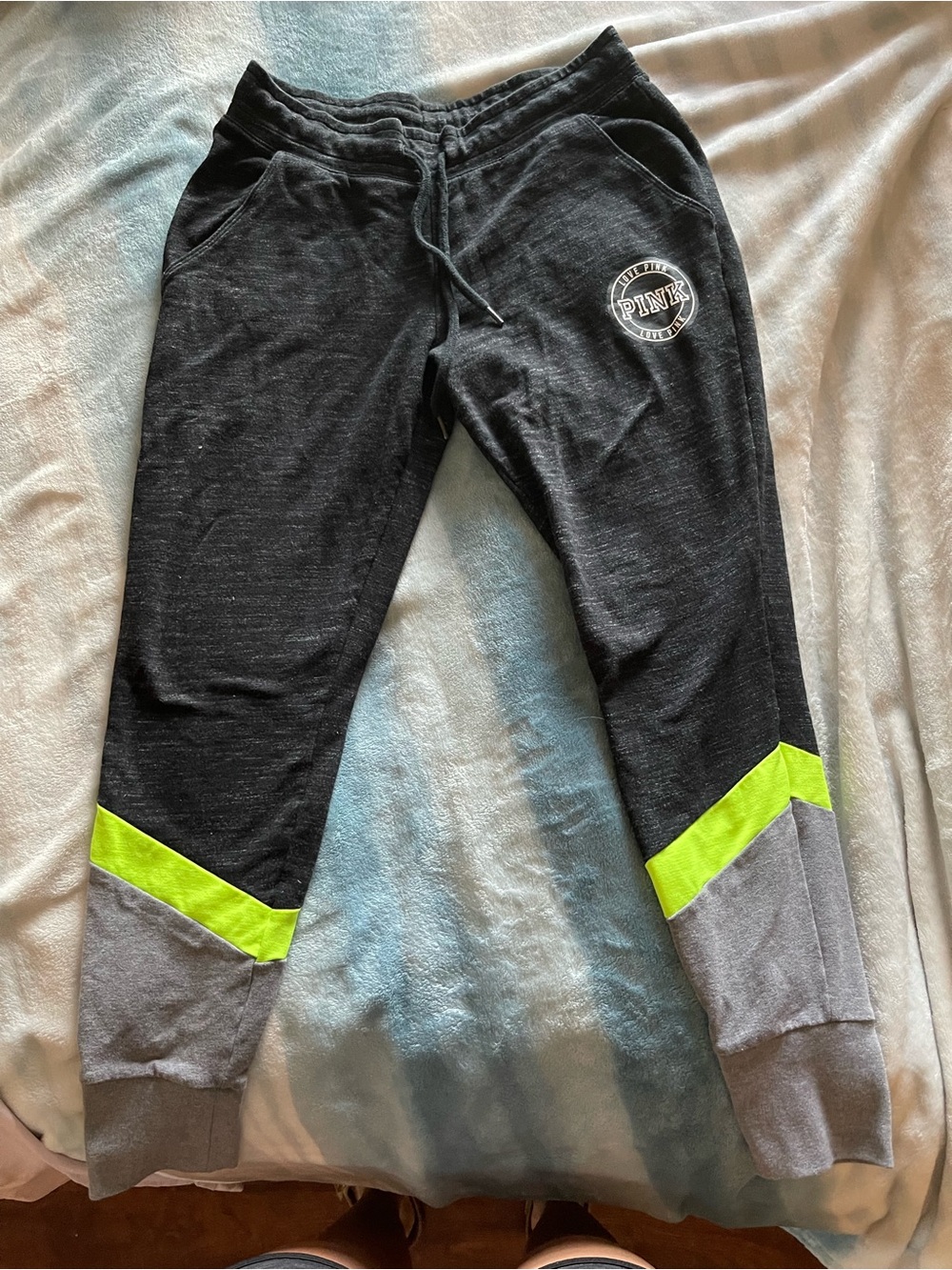 PINK Victoria's Secret Black, Neon Green & Gray Colorblock Joggers